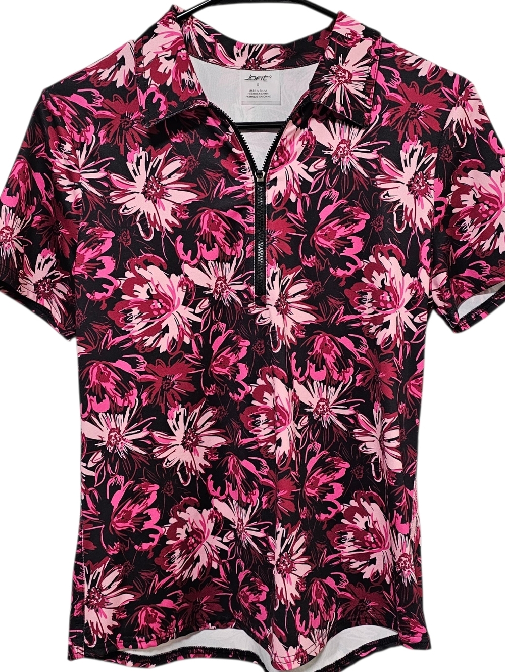 Jofit Women's Pink & Black Quarter Zip Short Sleeve Performance Shirt Size L